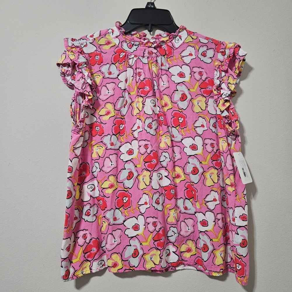THML Pink Floral Ruffle Sleeve Blouse High Neck Viscose Top Womens M